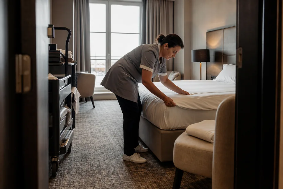 Recepcja małego hotelu, w której pracownik odpowiada gościom na czacie i przez telefon