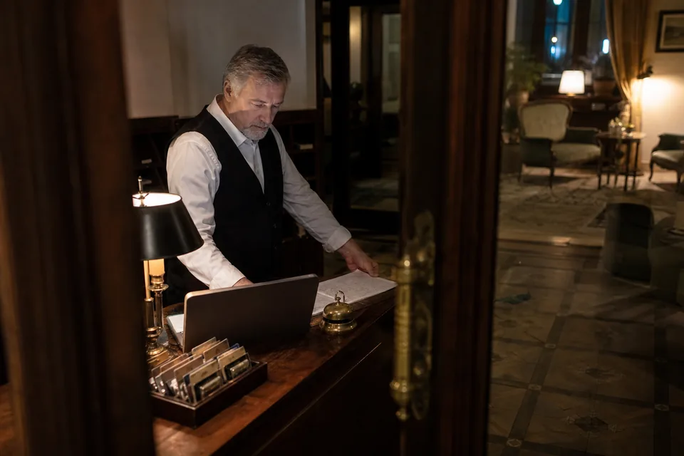 Recepcjonista nocą przy ladzie, gdy klienci piszą pytania przez stronę