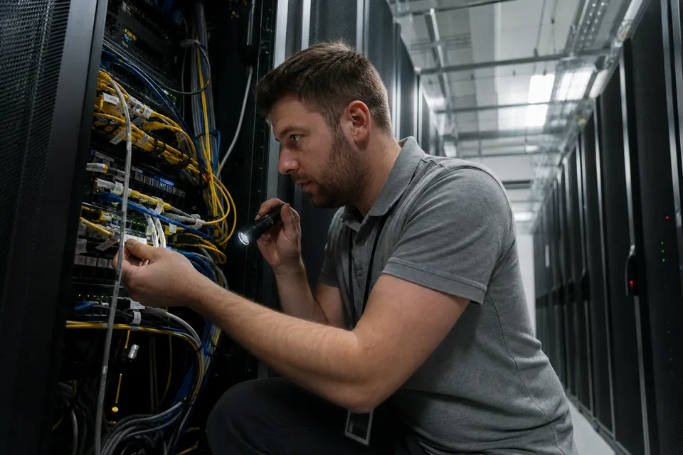 Technik sprawdza okablowanie szafy serwerowej w centrum danych
